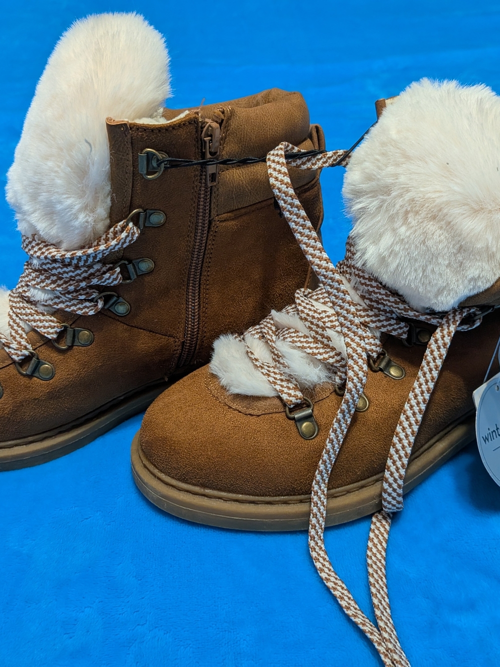 Brown Faux Suede Winter Lined Faux Fur Lace-Up Boots